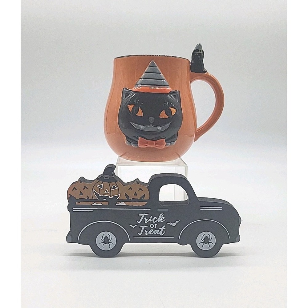 Cobwebs & Cauldrons Orange Vintage Style Black Cat Halloween Mug & Truck